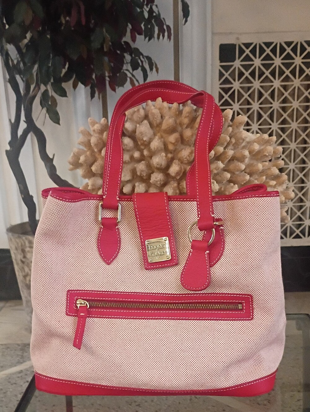 Dooney & Bourke Vintage Beige and Red Canvas Tote With Red Leather and Gold Acce